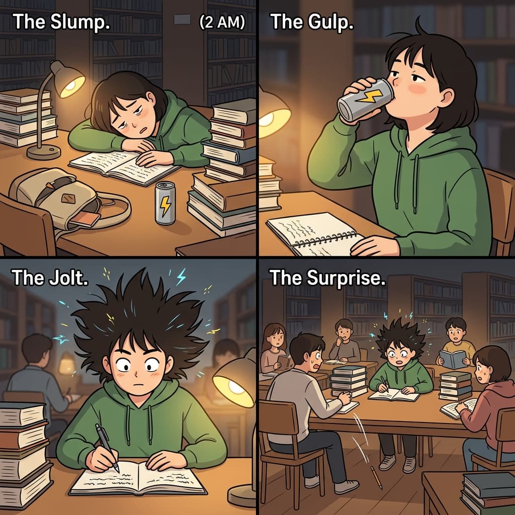 One sip of the stimulant and the exhausted student snapped wide awake.