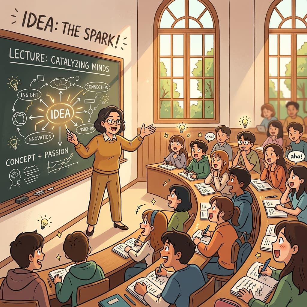 The professor's stimulating lecture has every student leaning forward, eyes wide with curiosity.