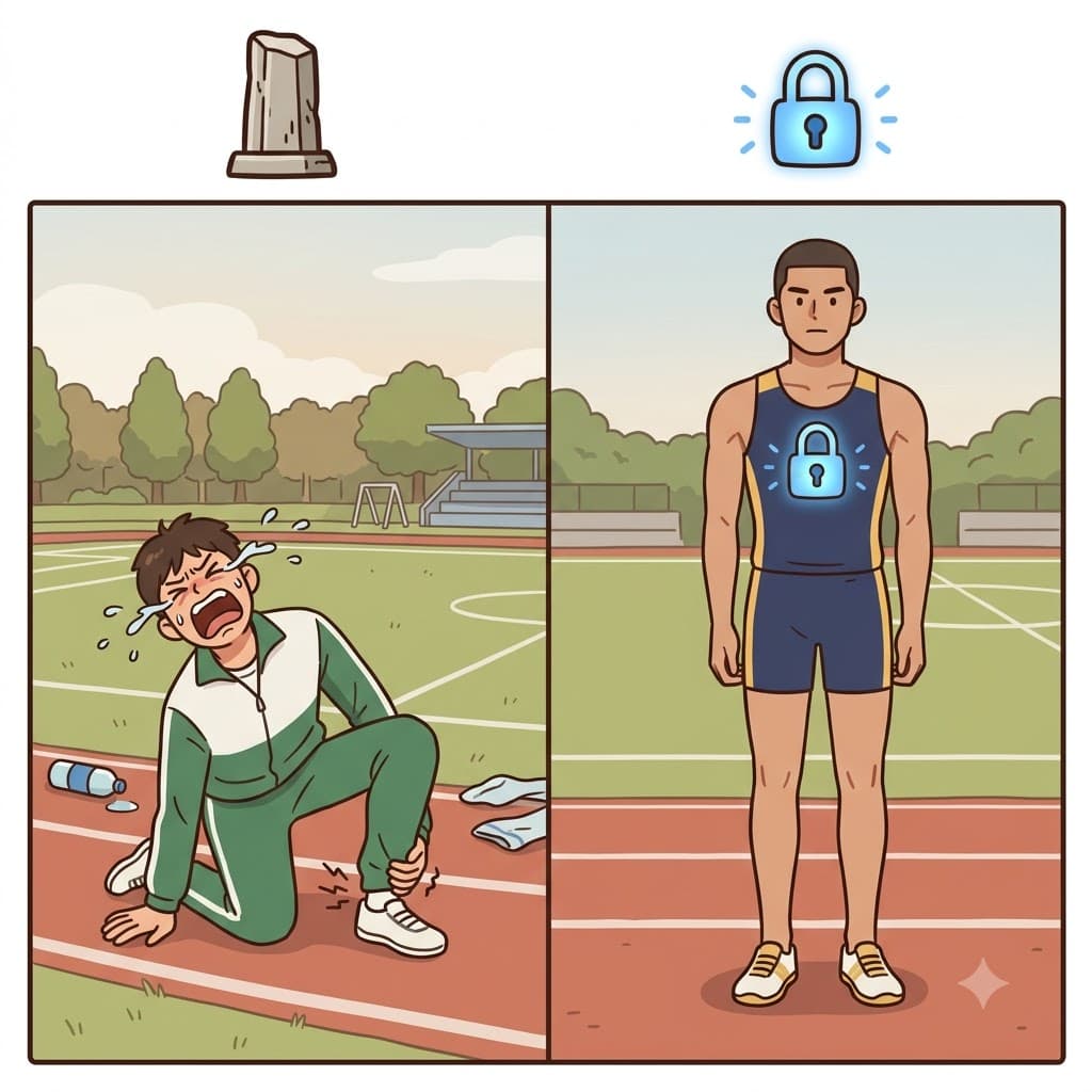 ST(stay) + OIC(inner control) — by forcing himself to ST(stay) completely still and use OIC(inner control) against the pain, the athlete remained stoic.