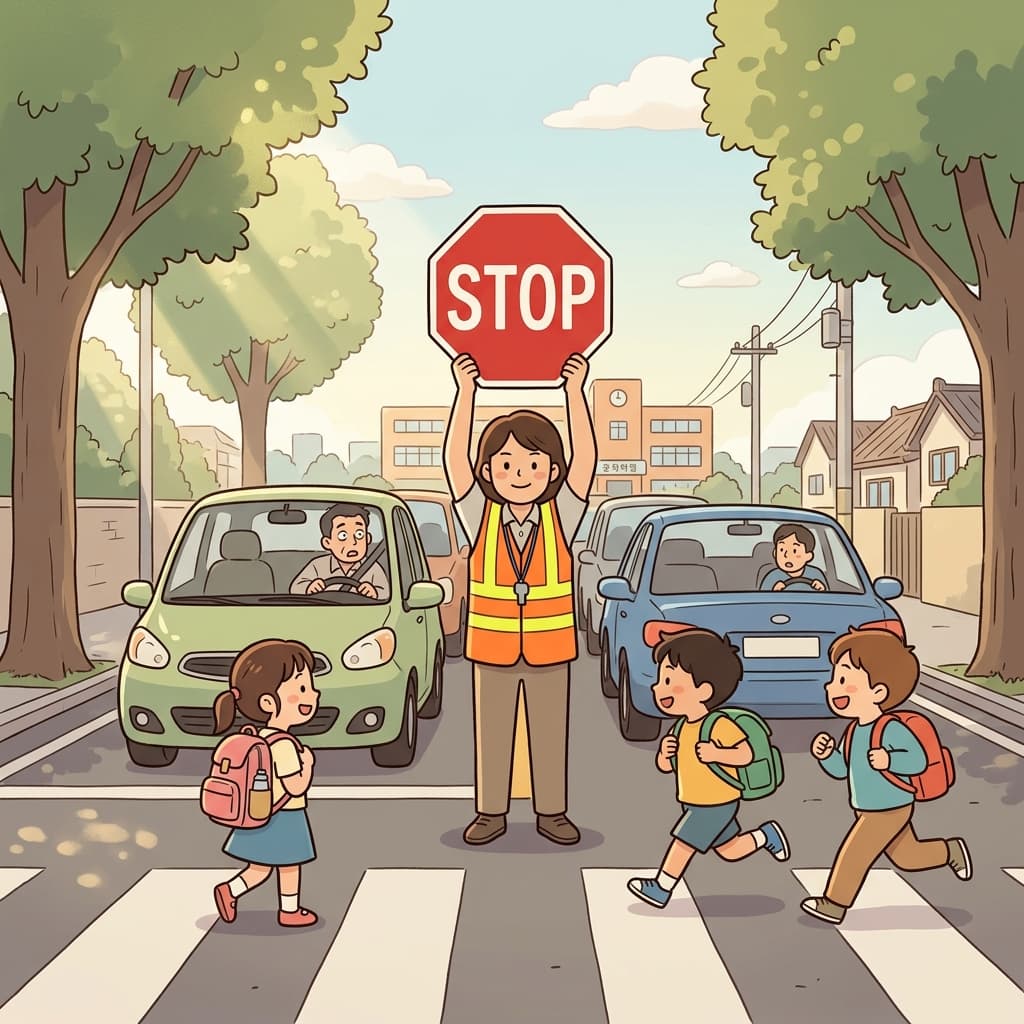 The crossing guard raises her sign to stop traffic for the kids.