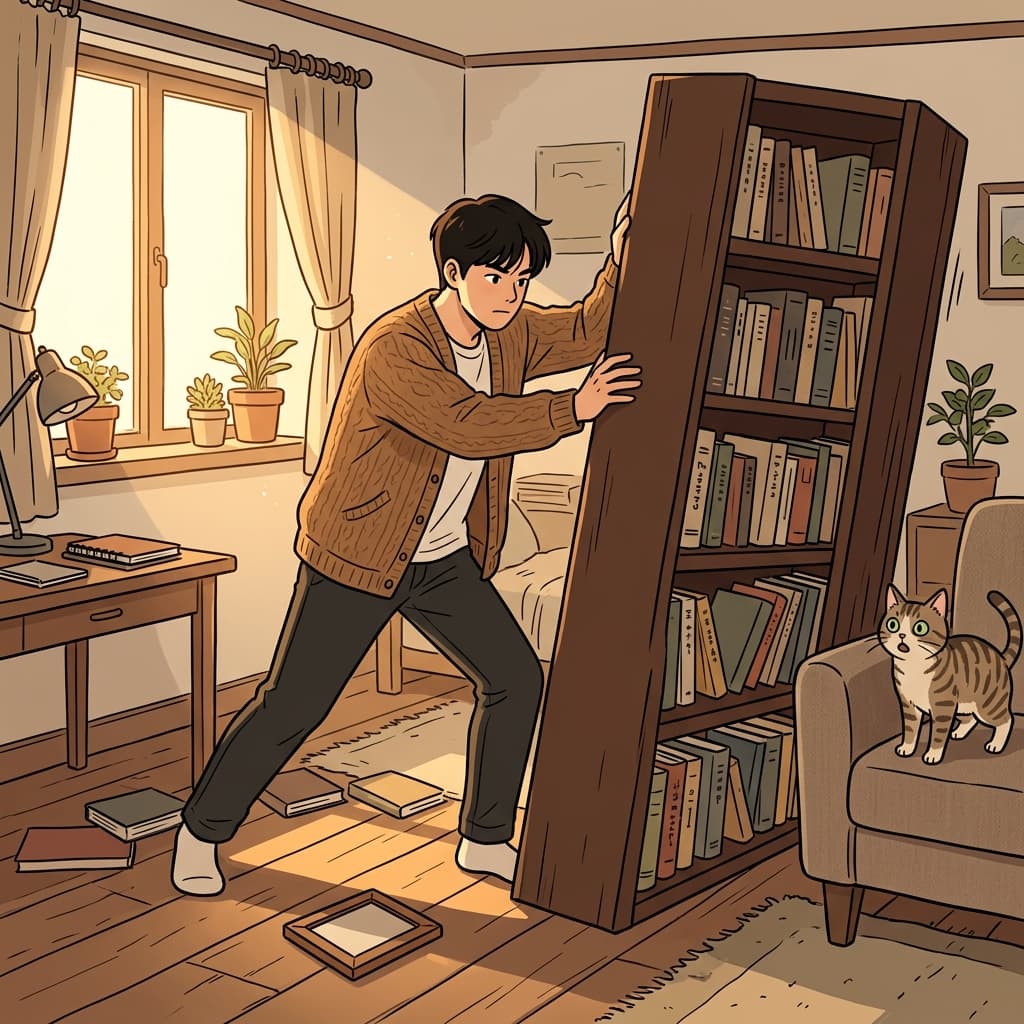 He tries to straighten the leaning bookshelf before all the books slide off.