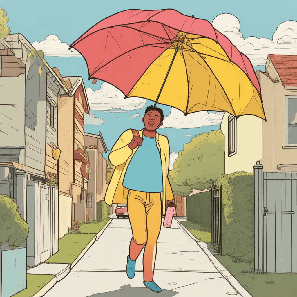 A strange person walks backwards wearing inside-out clothes on a sunny day