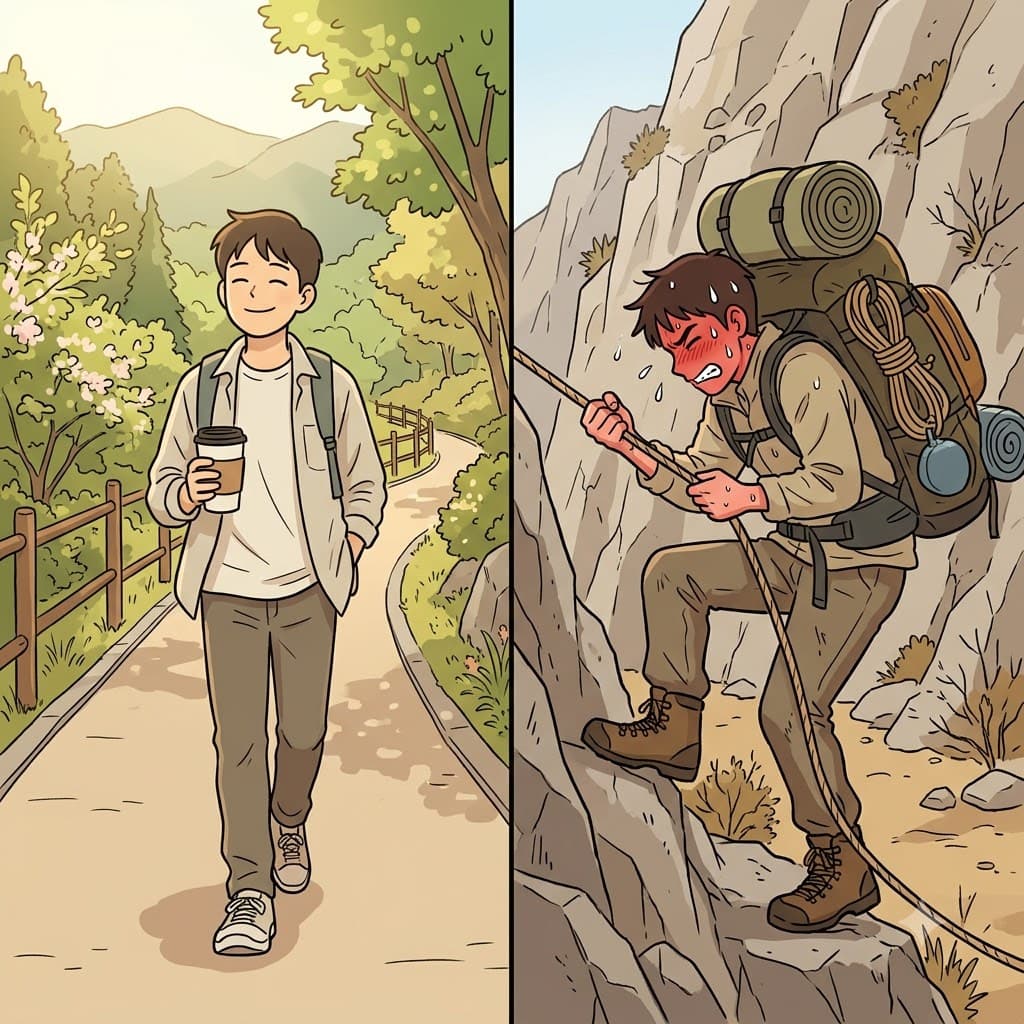 While the casual walk in the park was relaxing, climbing the steep rocky cliff with a heavy backpack proved to be a highly strenuous workout.