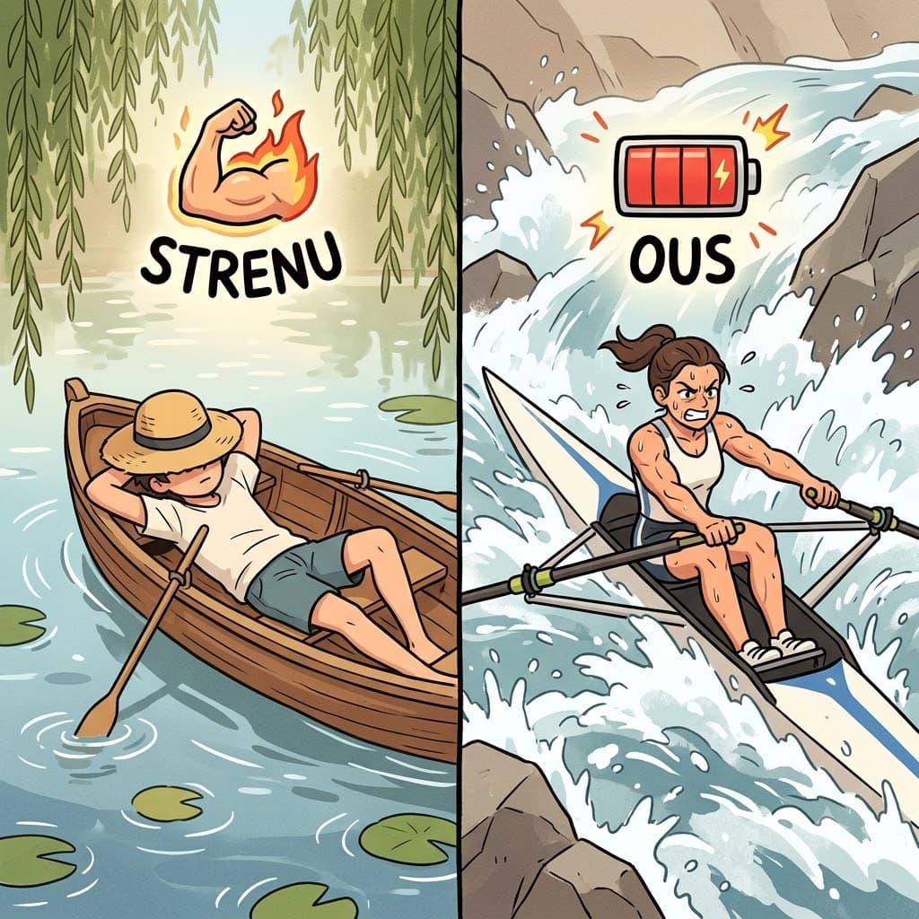 STRENU (vigorous/fierce) + OUS (full of) — by enduring a STRENU (vigorous) battle against the river rapids, the rower completed a strenuous race.