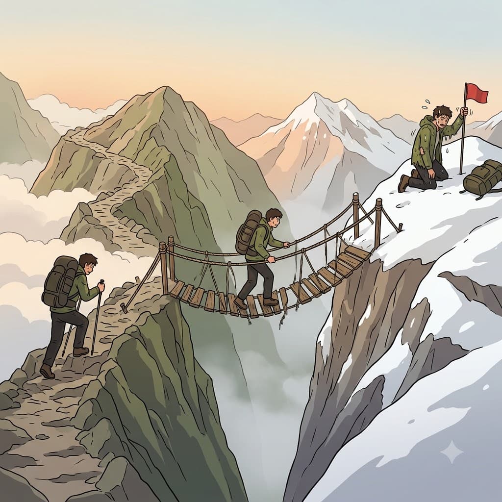 After a continuous climb and carefully crossing a tenuous rope bridge, they finally conquered the strenuous mountain trail.