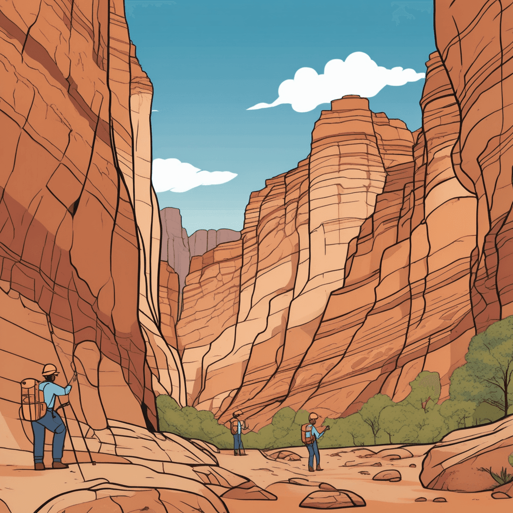 a geologist points excitedly at the canyon wall while holding a magnifying glass to examine the rock surface. Her colleague takes notes as they both study the clearly visible bands running horizontally across the stone. The rock face displays alternating layers of different colors - dark brown, light tan, and reddish bands that create distinct parallel lines. These bands formed over millions of years as different sediments were deposited in ancient seas. Other researchers in the background measure and photograph similar banded patterns on adjacent rock walls. the series of ridges, furrows, and linear marks that form bands or layers of different colors and textures