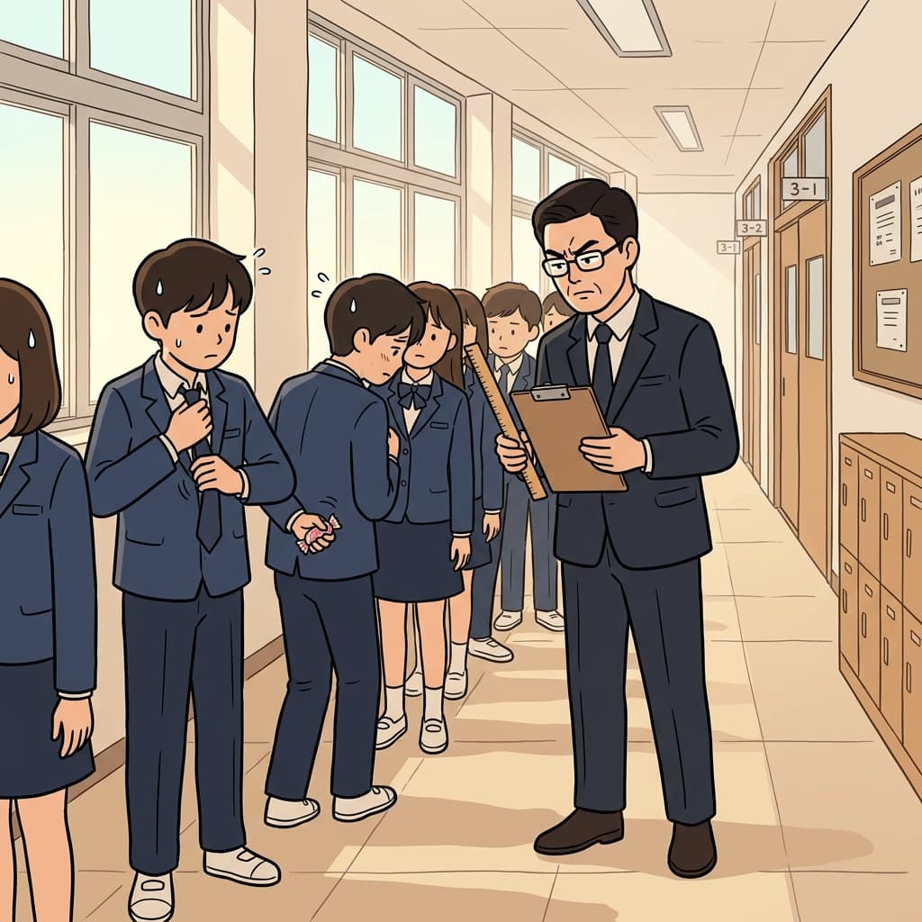 The strict teacher checks every student's uniform before letting them enter class.