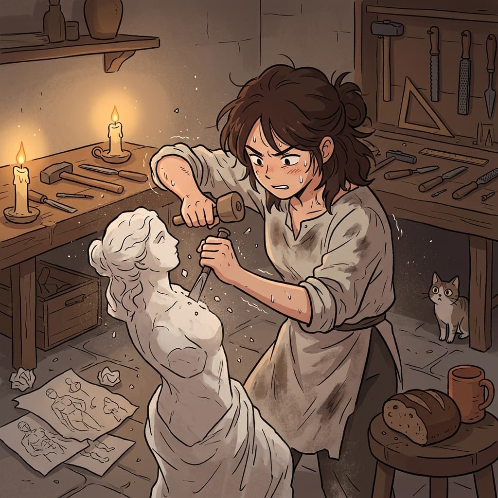 The young sculptor keeps striving to perfect every curve of her marble statue.