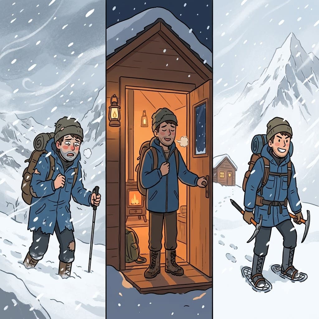 After barely surviving the harsh wilderness and finally arriving at the base camp, he continued striving for the summit.