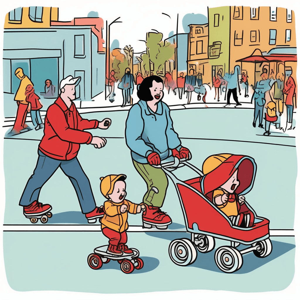 In the stroller, watching roller skaters with a controller!