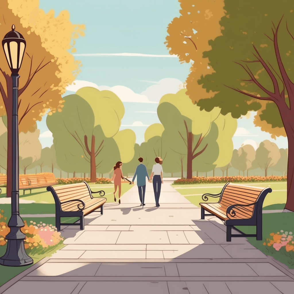 a young couple walks side by side at a very slow, relaxed pace down a winding park path. They swing their linked hands gently as they take their time, stopping occasionally to look at blooming flowers. Their unhurried movement creates a sense of calm as they enjoy each other's company. Other park visitors sit on benches reading or feeding birds in the peaceful atmosphere. A small dog trots alongside them, also moving at the same leisurely pace. walking in a slow relaxed manner, especially for pleasure