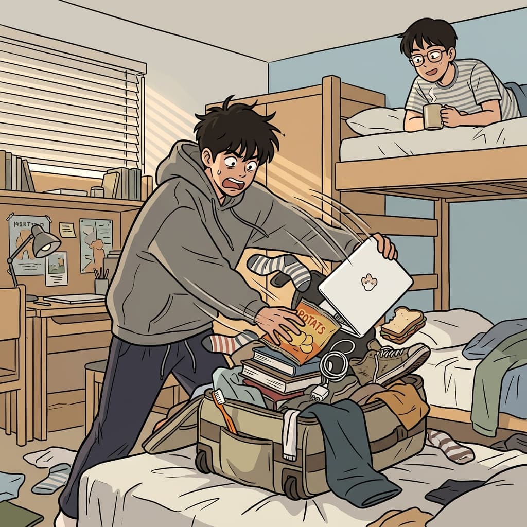 He grabbed all his stuff and rushed out the door.