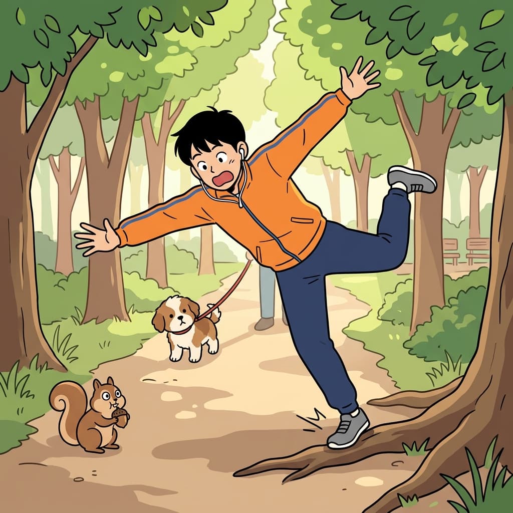 He stumbles over a tree root while jogging in the park.