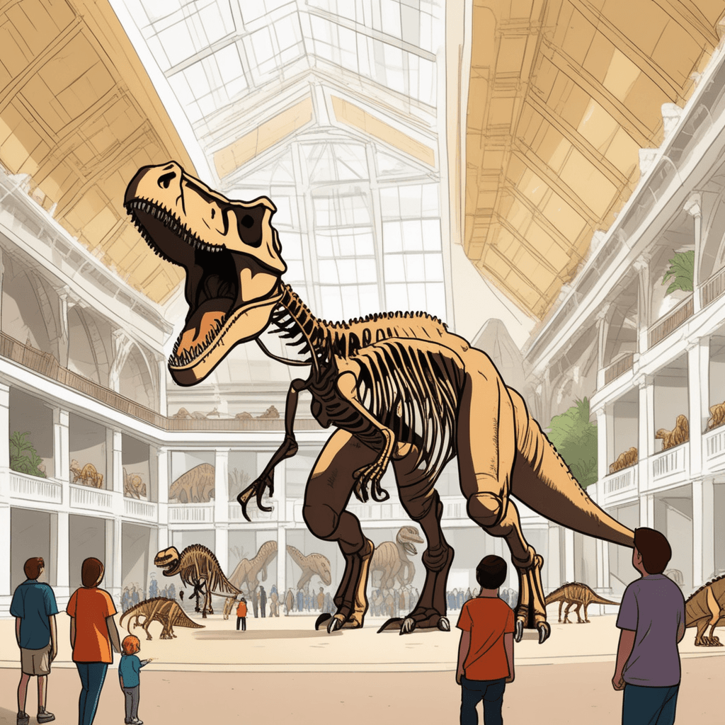 a young child looks up at an enormous Tyrannosaurus Rex skeleton that towers three stories above them. The child's neck is craned back completely as they try to take in the massive creature's full height. The skeleton's enormous skull with razor-sharp teeth looms impressively overhead casting dramatic shadows. Its massive ribcage and powerful leg bones stretch far beyond what seems possible for any living creature. Other museum visitors nearby also crane their necks upward with expressions of pure awe and wonder. A museum guide gestures upward at the colossal fossil while explaining its incredible size to the amazed group. people experiencing something extremely impressive and amazingly large