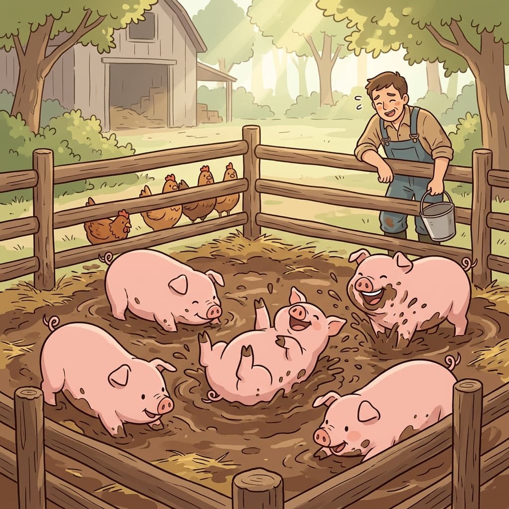 The muddy sty was packed with happy pigs rolling in filth after breakfast.