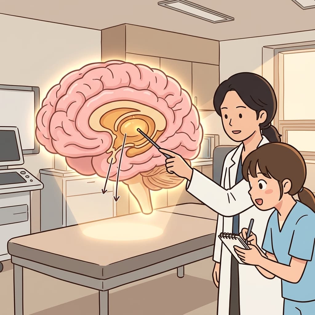 The neurologist points to subcortical regions deep beneath the brain's outer surface.