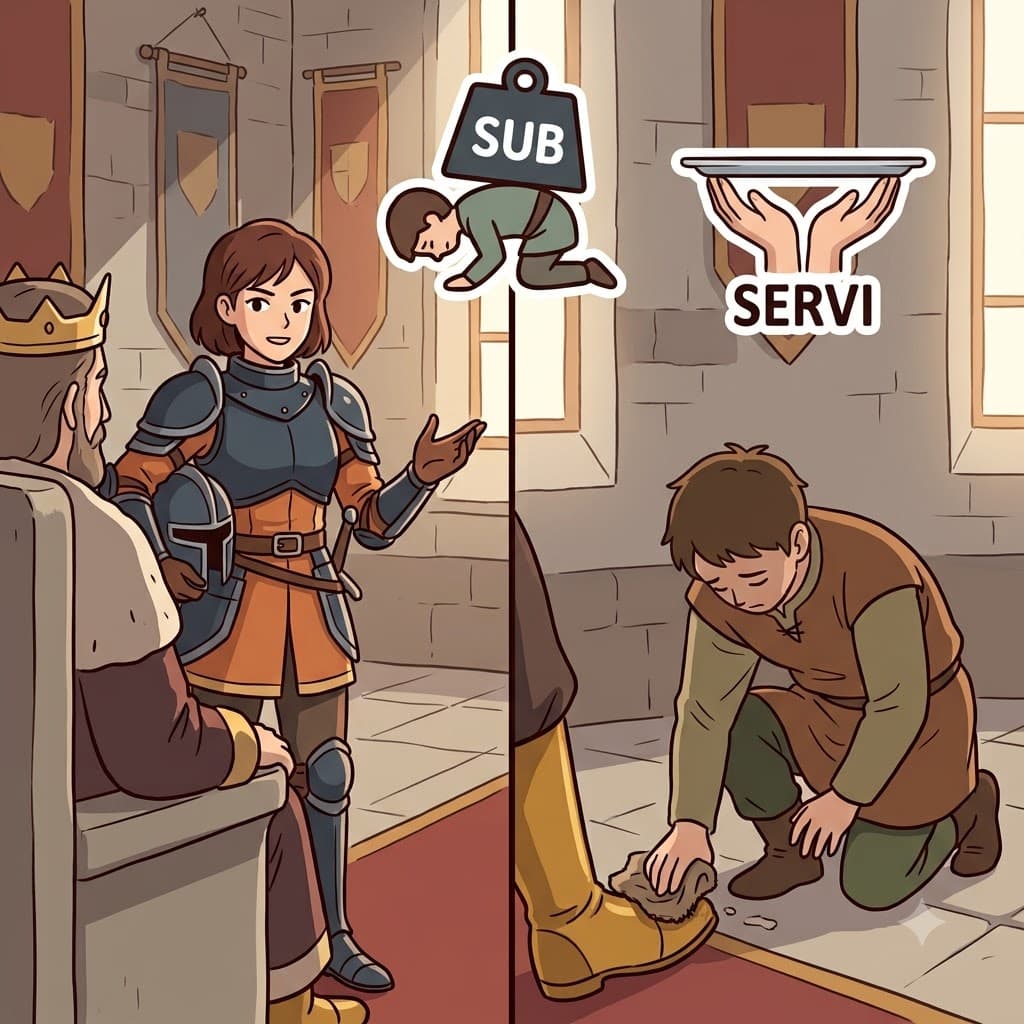 SUB (under) + SERVI (serve) + ENT — by choosing to SERVI (serve) quietly SUB (under) the tyrant's shadow, the attendant lived a subservient life.