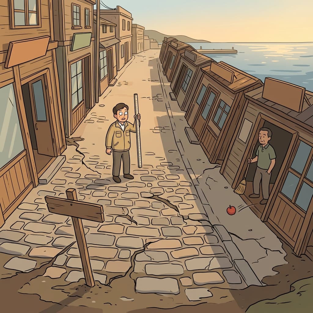 The old harbor street shows clear subsidence, tilting shops toward the sea each year.
