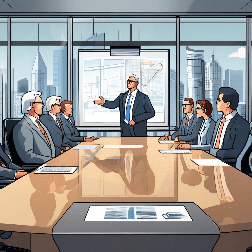 a senior executive in a suit points to a large organizational chart showing company relationships. The chart displays a large parent company at the top with smaller companies branching below it. A younger manager takes notes while nodding as the hierarchy is explained. The presentation clearly demonstrates how the smaller companies report to and are controlled by the larger corporation. Other board members sit around the polished table reviewing similar documents. a company that is owned or controlled by a larger company