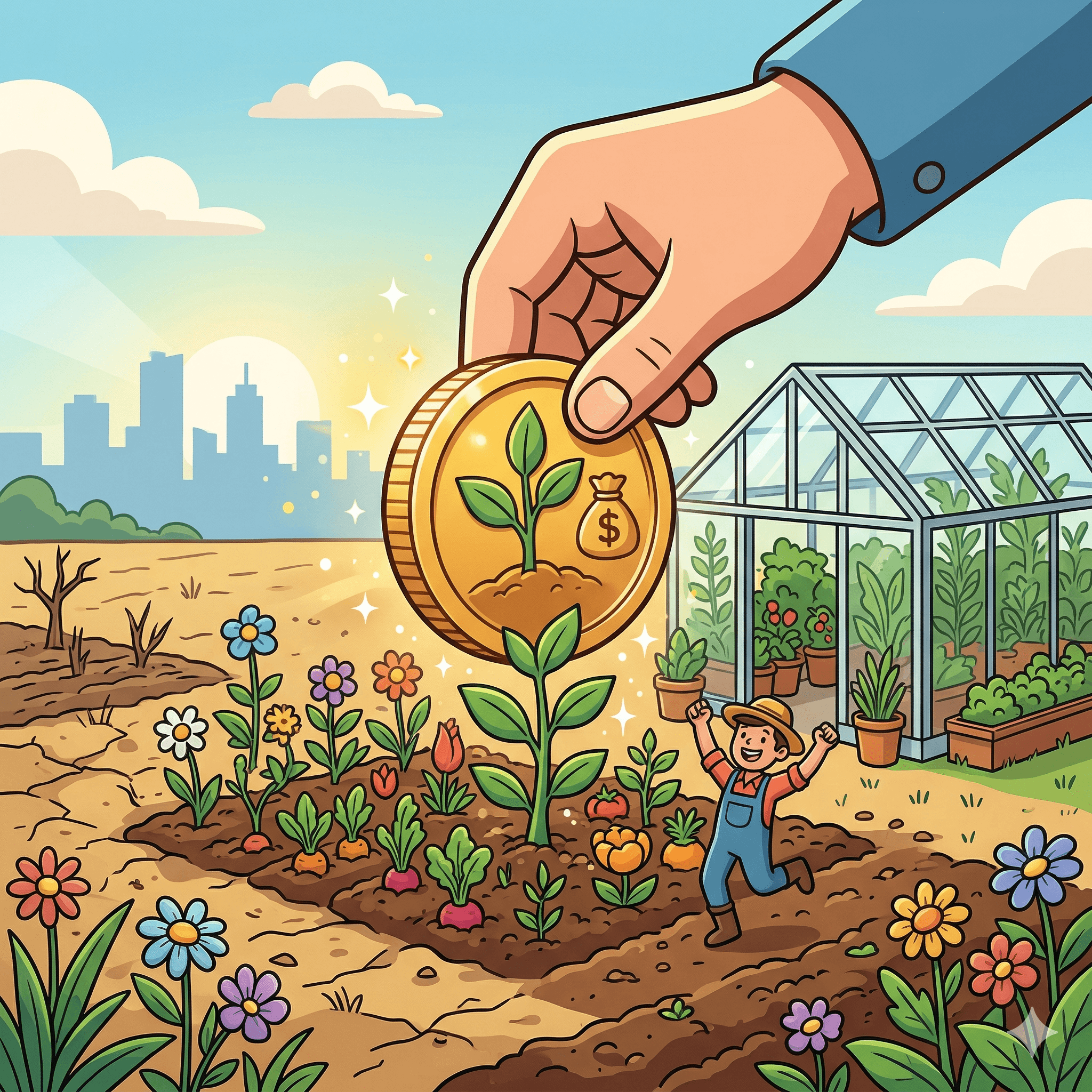 A giant hand delivers a government subsidy coin to help a small business bloom.