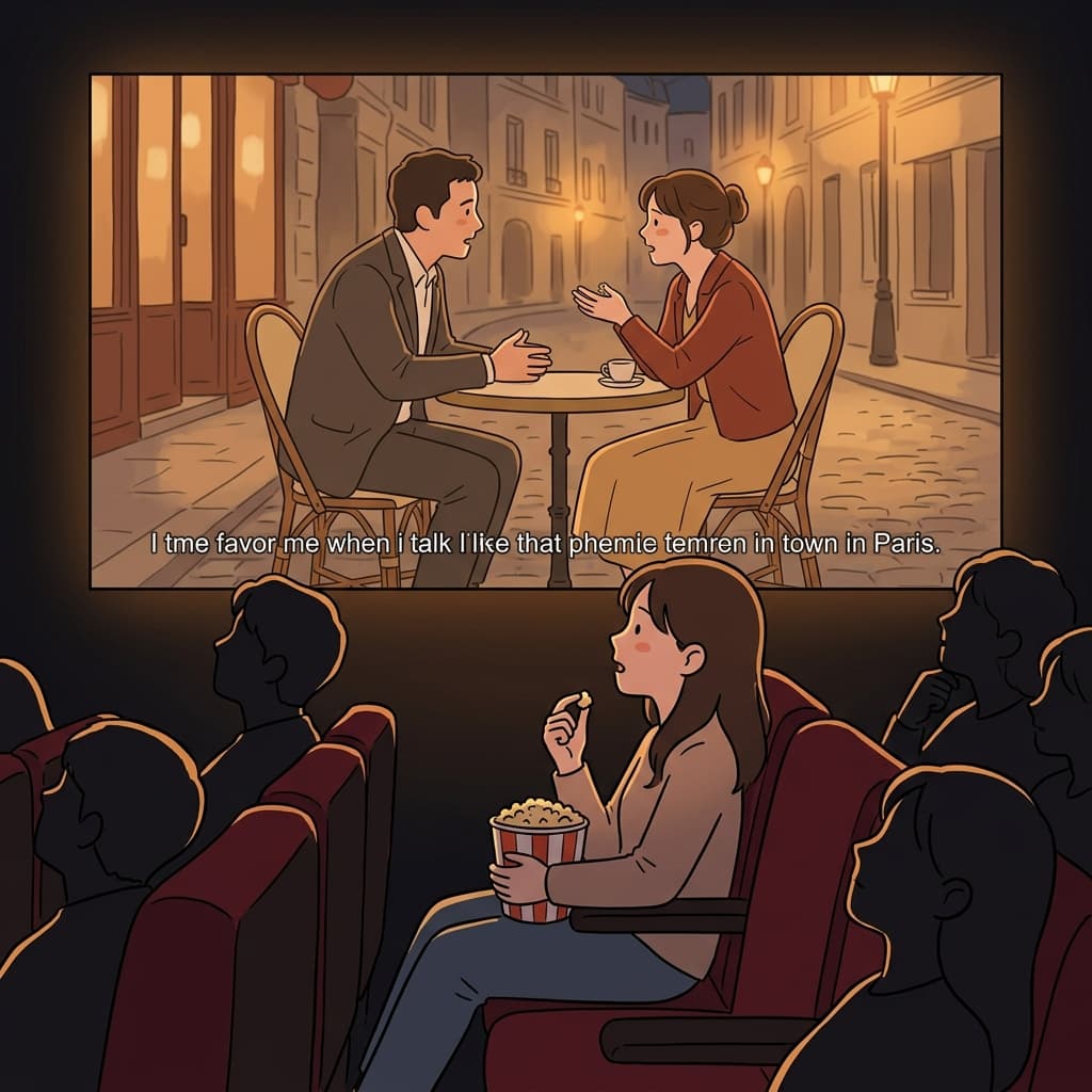 She reads the English subtitle while watching a French film at the cinema.
