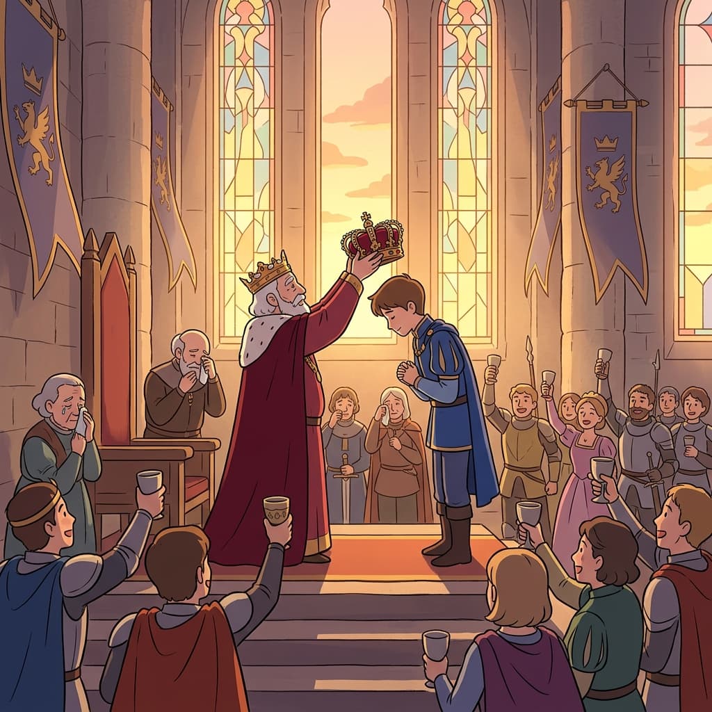 The old king crowns his chosen successor before the entire royal court.