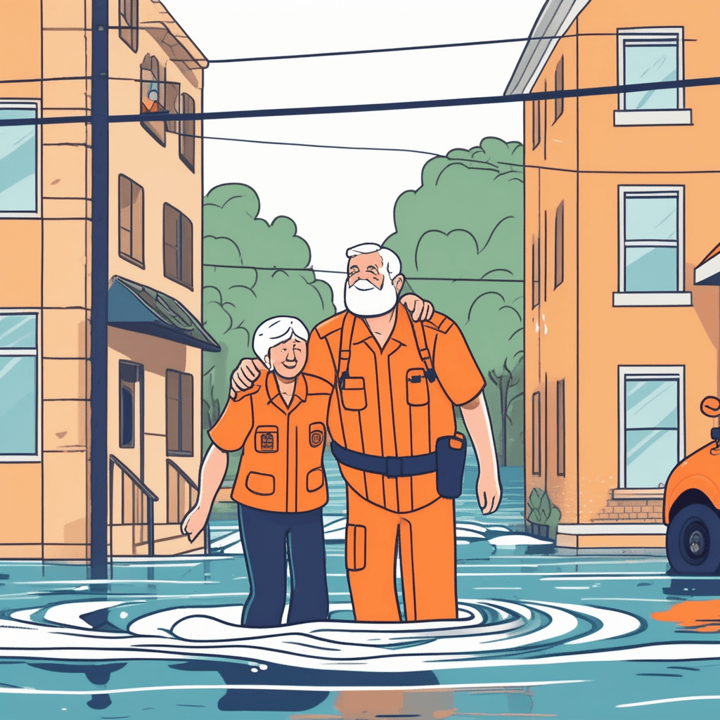 a rescue worker in a bright orange vest extends a strong hand to pull an elderly person from rising floodwater onto higher ground. The elderly person reaches up gratefully as water swirls around their legs. The rescue worker's firm grip and steady stance shows reliable support during this dangerous moment. The elderly person's face shows relief as they're lifted to safety. Other rescue workers move through the flooded area carrying supplies and helping more residents. A rescue boat waits nearby while neighbors assist each other. assistance and support being provided during a time of hardship and distress