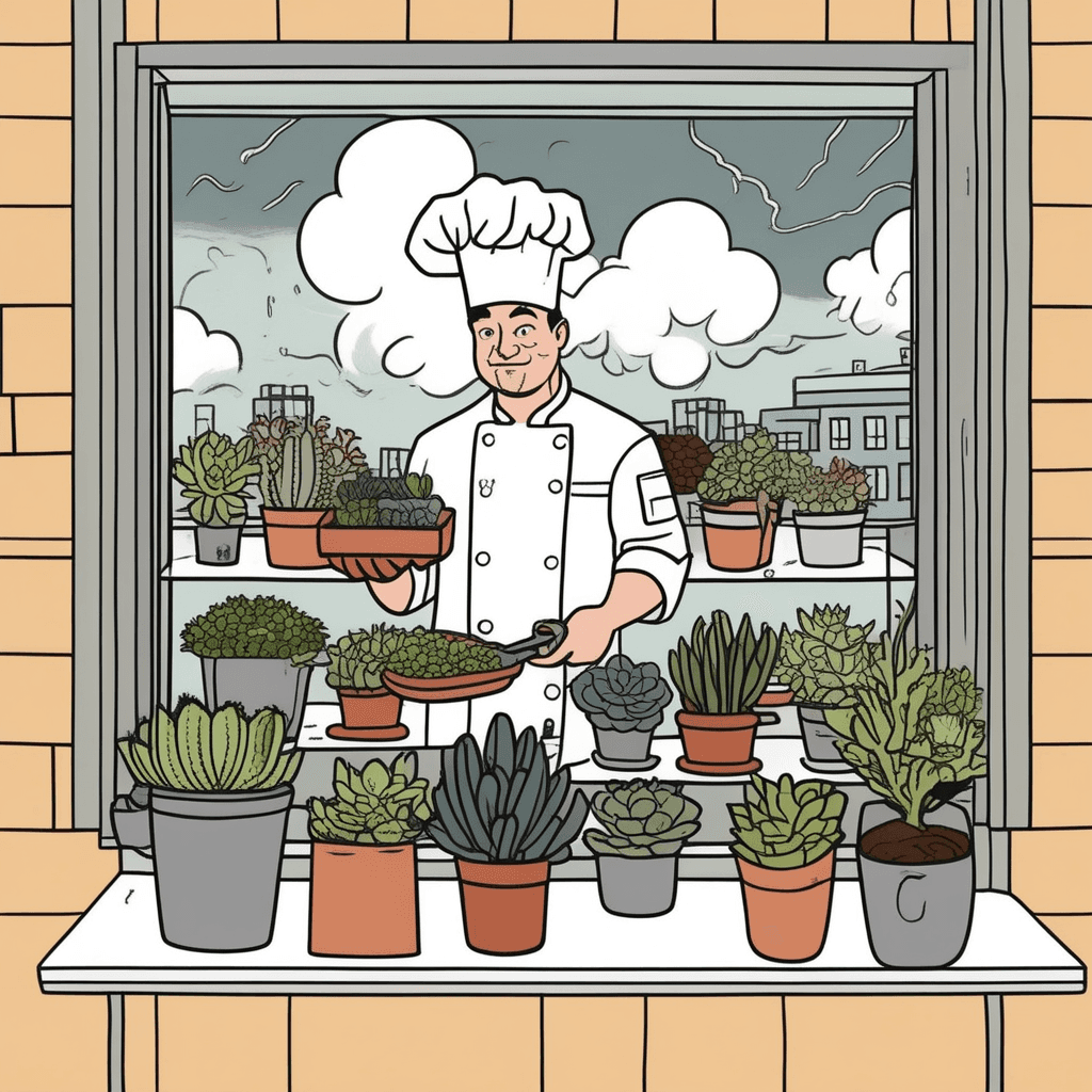 Though the weather grows turbulent, he tends his succulent plants, then tastes his meat so indulgent!