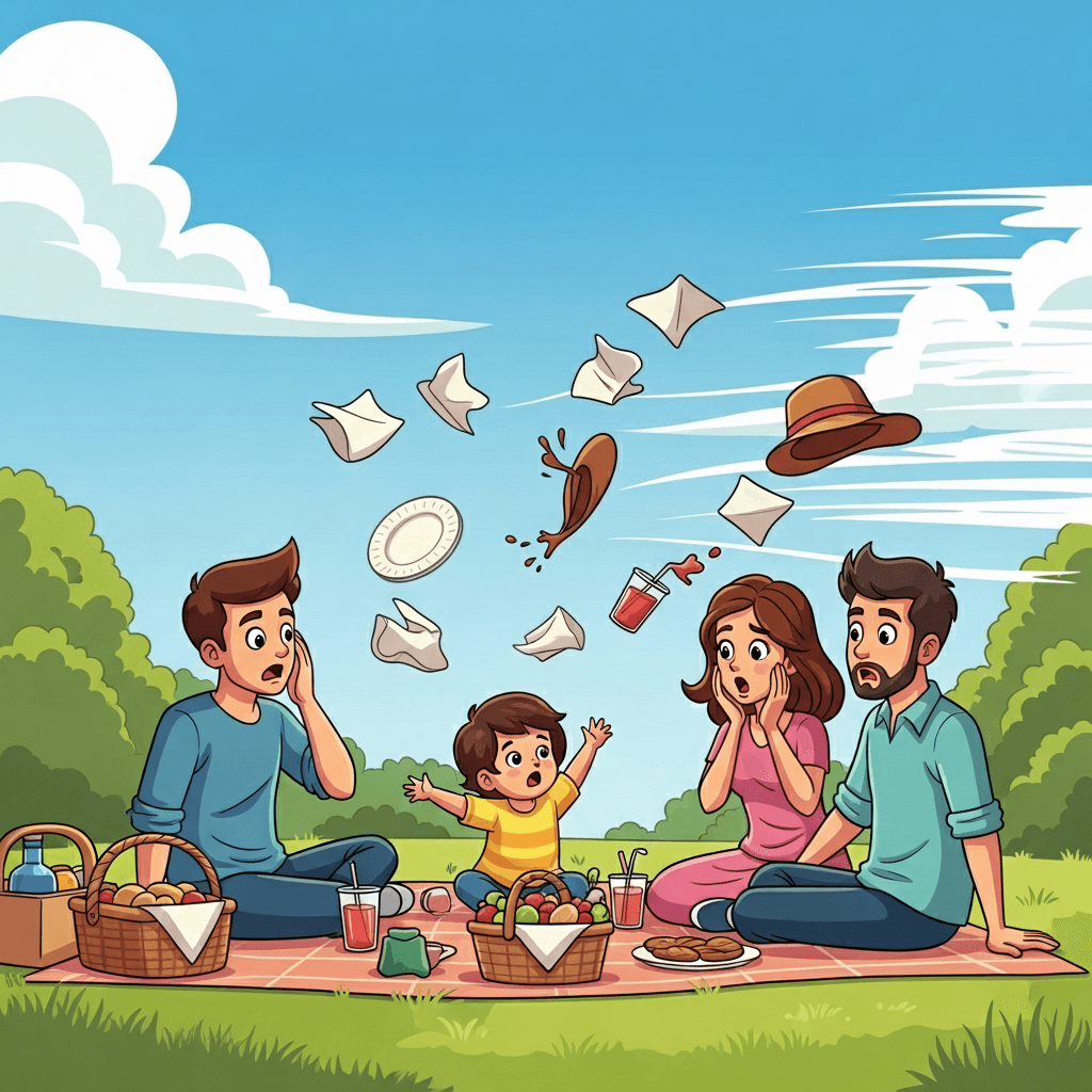 A sudden gust of wind turns a calm picnic into chaos.