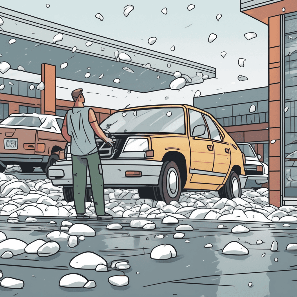 a worried car owner stands beside their vehicle examining fresh dents covering the hood and roof. Large hailstones continue falling from dark storm clouds above, creating new dings on impact. The car's windshield shows spider web cracks where hail has struck repeatedly. Other shoppers nearby cover their heads and run for shelter while pointing at the damaged cars. The owner touches the dents with dismay as more hail bounces off the metal surfaces. Another person approaches to help assess the extensive damage to multiple vehicles. the car suffering damage from the destructive weather event