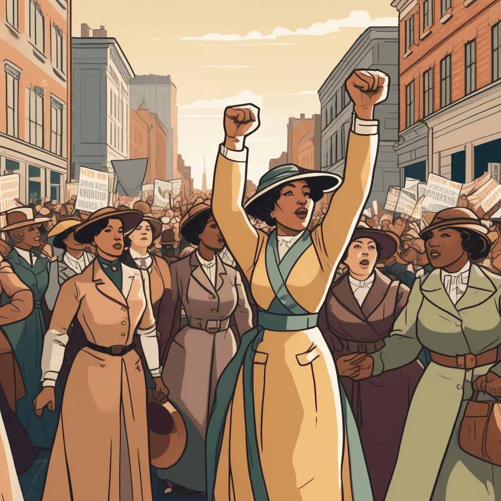 a determined woman in early 1900s clothing raises her fist while holding a banner demanding voting equality. She speaks passionately to a growing crowd of women gathering around her. More supporters join the demonstration as her message spreads through the street. The crowd becomes energized and unified behind the cause of women's political representation. Other women in the background cheer and wave their own banners in solidarity. a person who advocates for the extension of suffrage, especially to women, campaigning for voting rights