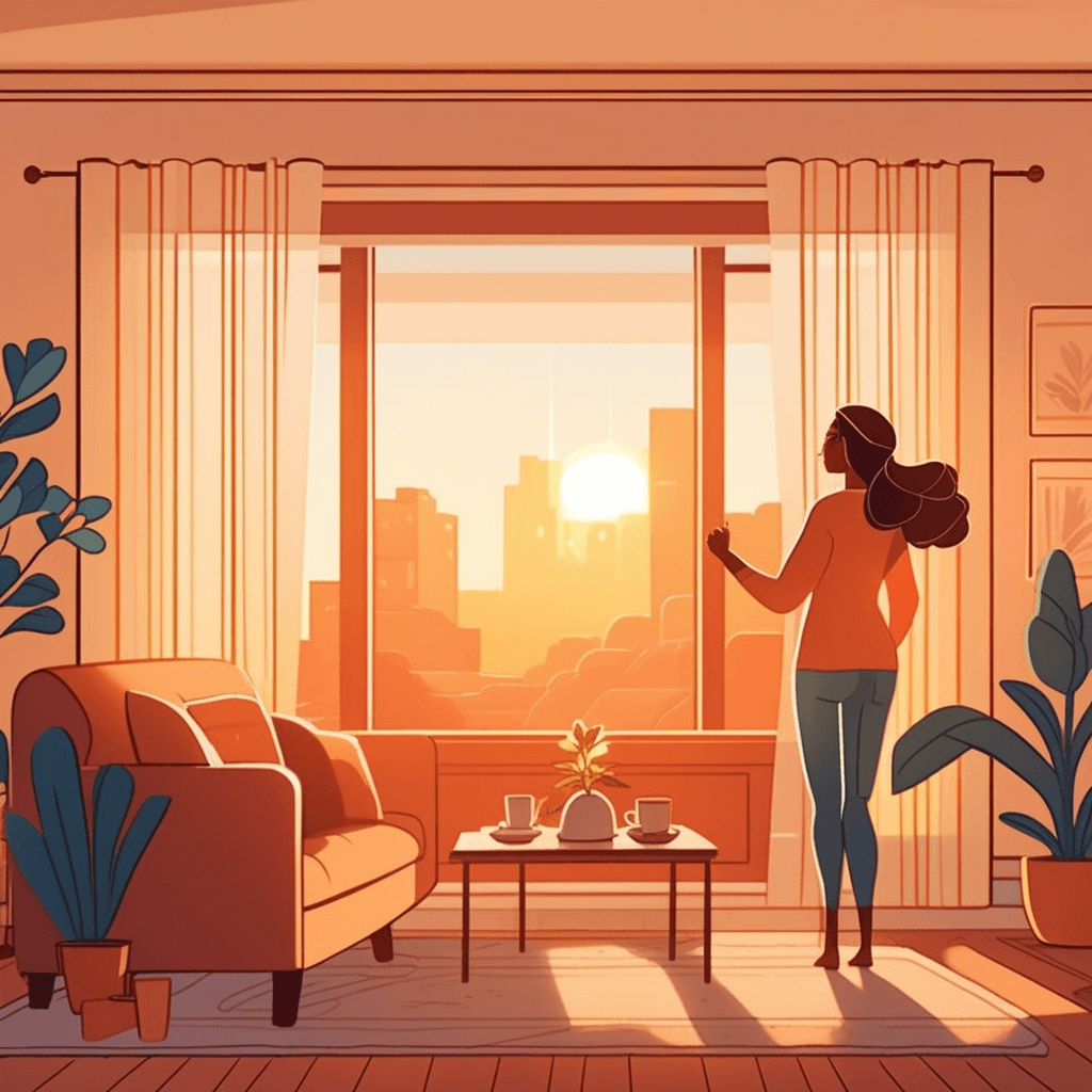 a woman slowly pulls back heavy curtains from a large window as morning arrives. Golden sunlight begins streaming through the glass in gentle rays. The warm light gradually spreads across the dark room, illuminating furniture piece by piece. A cat sitting on a nearby chair basks in the growing warmth as shadows retreat. A child at the breakfast table smiles as the soft light reaches their face and brightens their surroundings. light gradually spreading through and filling the entire space