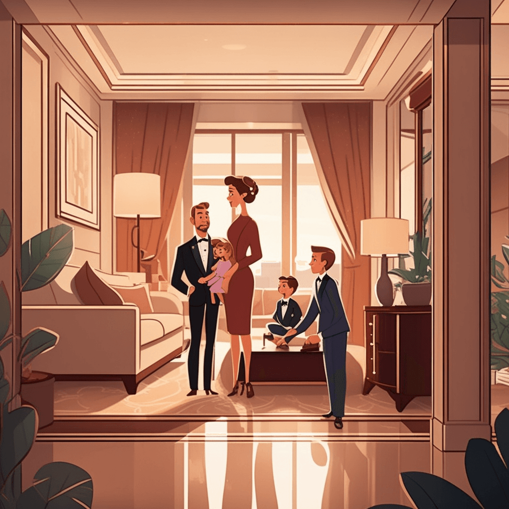 a well-dressed father opens the door connecting the living room to the bedroom while his wife and children look around excitedly. The family walks through the spacious living area toward the separate bedroom and bathroom visible through open doorways. The connected rooms flow together as one cohesive living space designed for their comfort. The mother points toward the kitchenette while the children peer into the separate bedroom area. Hotel staff members arrange flowers and towels in the background, ensuring the space meets the family's needs. a set of rooms designated for one person's or family's use or for a particular purpose