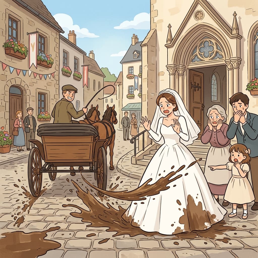 One careless splash of mud can sully the bride's pristine white gown.