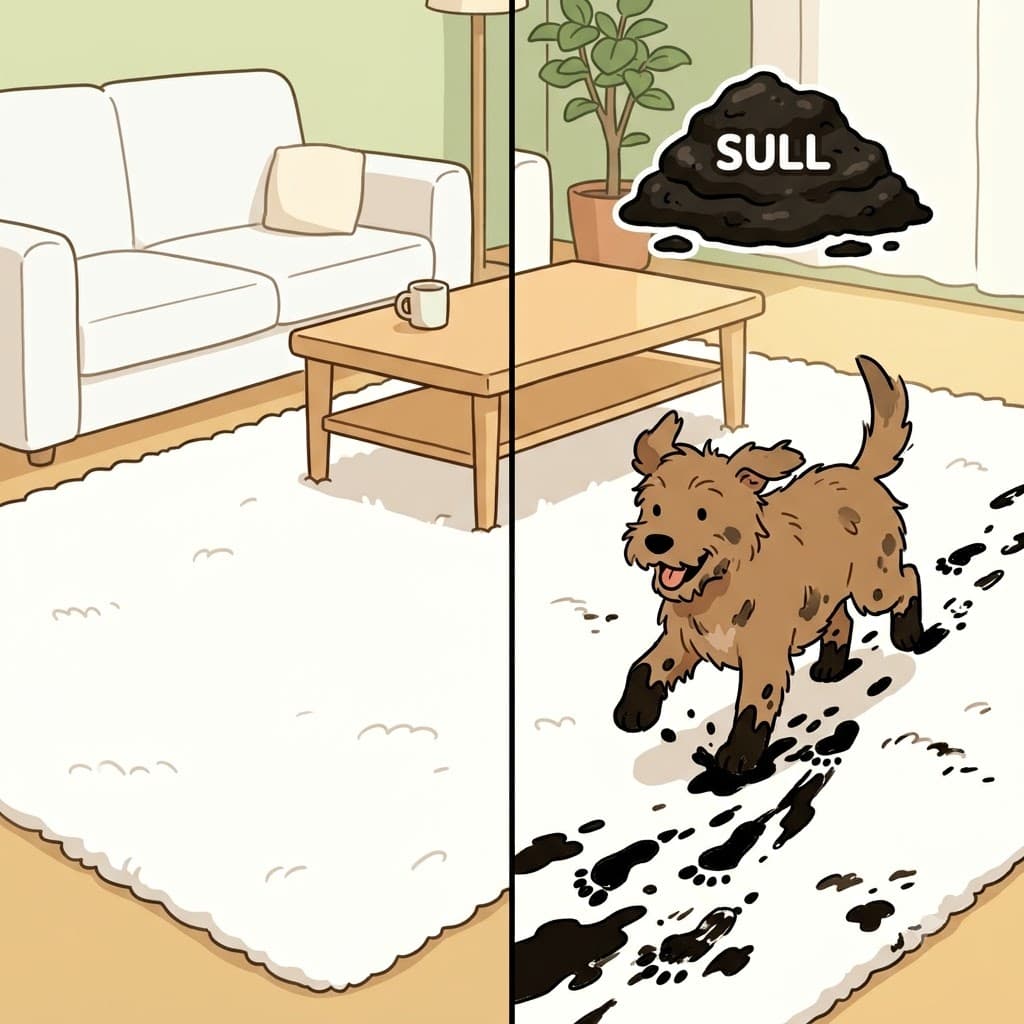 SULL(soil) + Y(action) — stepping on the white carpet with heavy SULL(soil), the dog managed to completely sully the room.