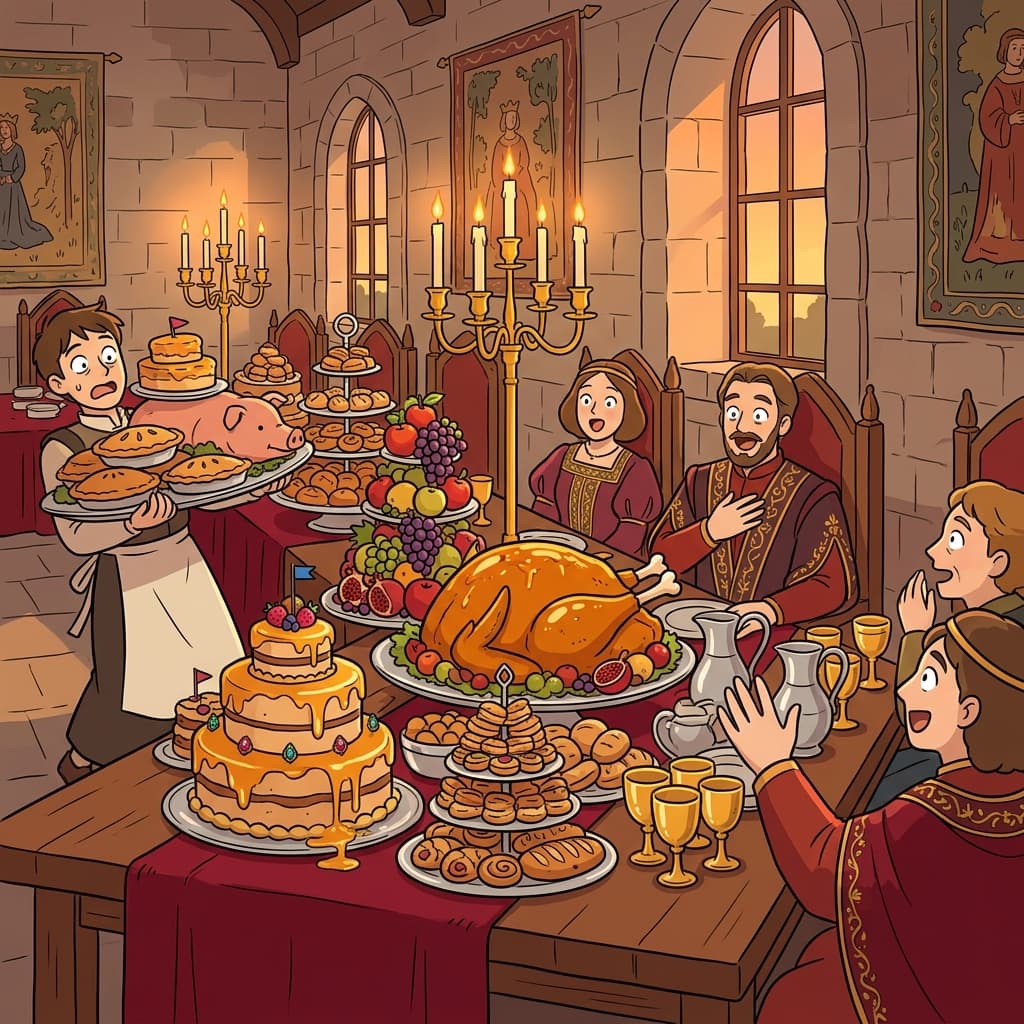 The royal banquet was sumptuous, with roasted meats and golden desserts overflowing the table.