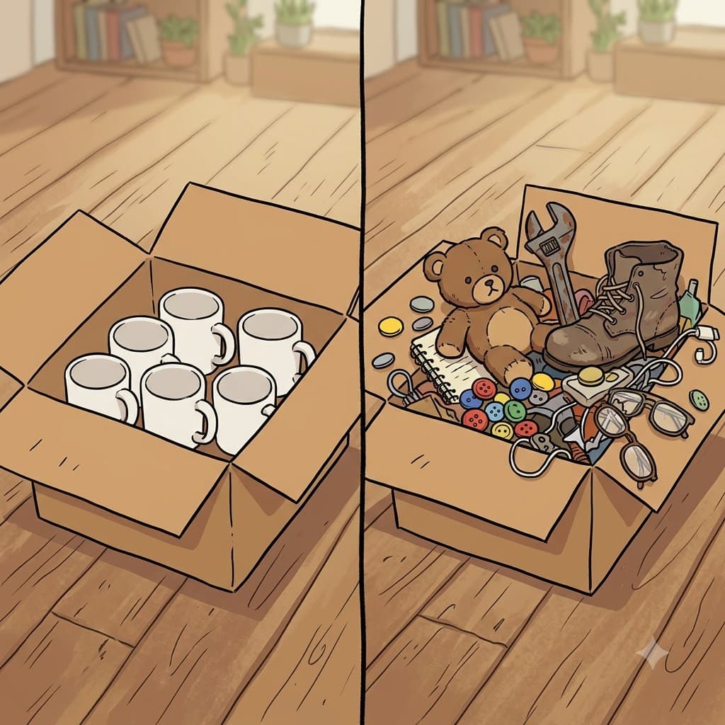 While the left box contained neatly matched uniform cups, the right box was filled with a sundry collection of random items.