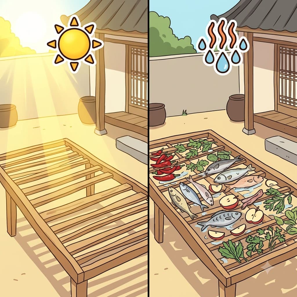 SUN (sun) + DRY (dry) — by laying various fruits, fish, and herbs under the hot SUN to DRY, the villagers gathered a sundry collection of preserved food.