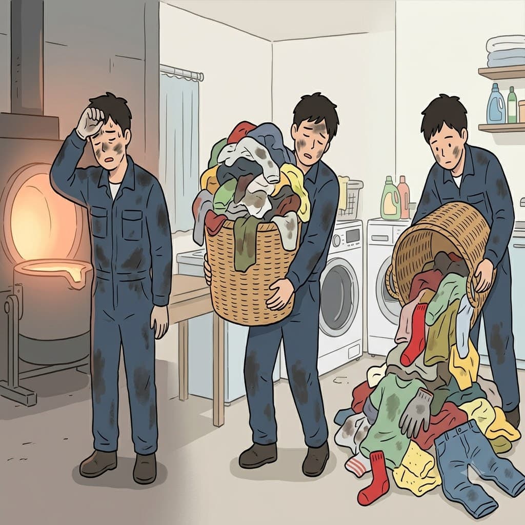Returning from the dusty foundry with a pile of dirty laundry, he washed a sundry mix of colorful clothes.