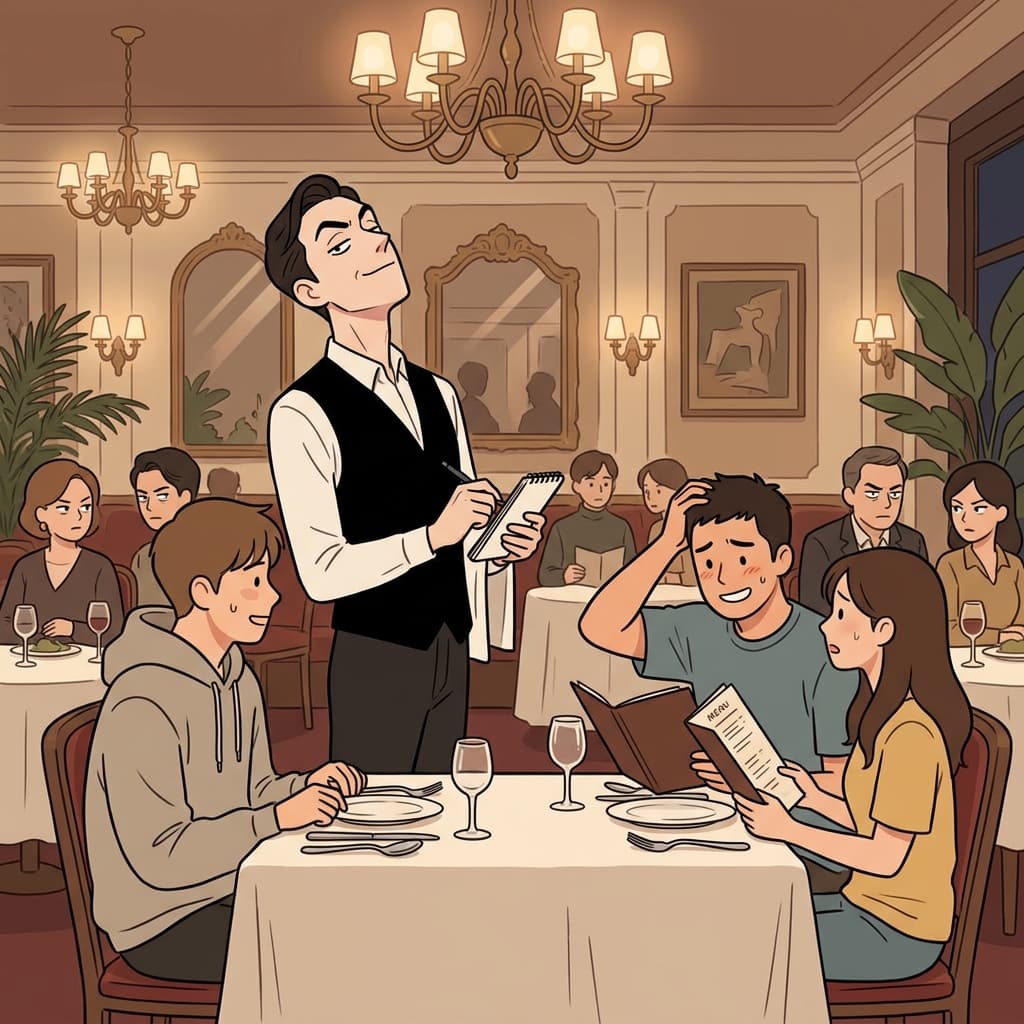 The supercilious waiter barely glanced at the tourists' order.