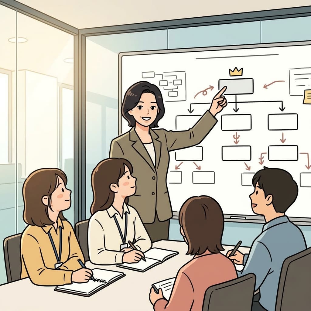 The manager is the superordinate figure guiding three junior staff on the project.