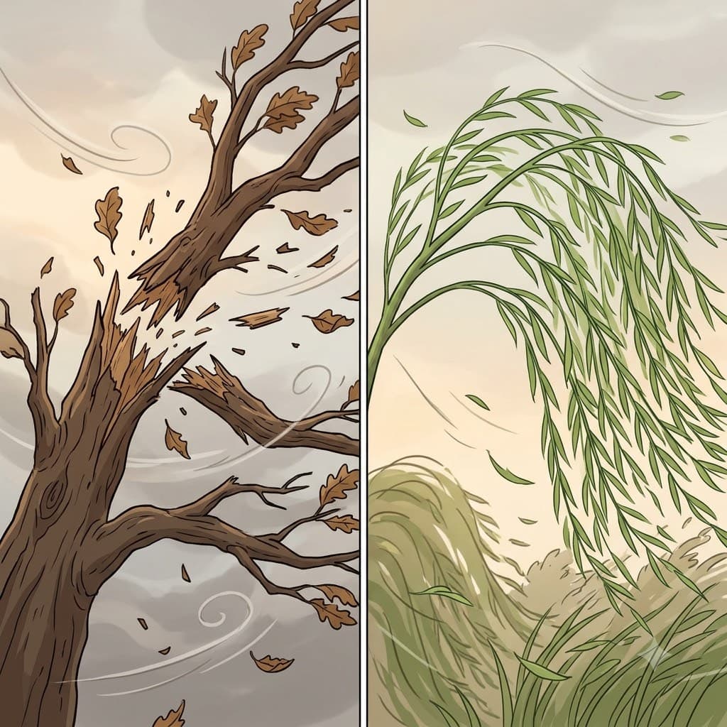 While the stiff, dry oak branch snapped loudly in the winter wind, the young green willow branch remained perfectly supple, bending gracefully without breaking.