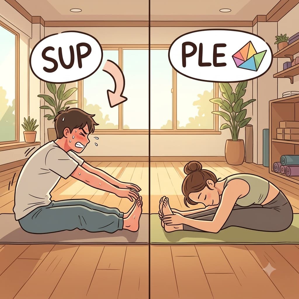 SUP (down) + PLE (fold) — by being able to smoothly PLE (fold) his upper body SUP (down) over his legs, the gymnast showed a truly supple form.
