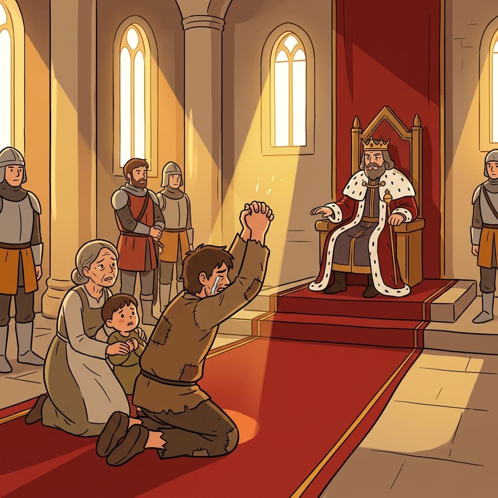 The peasant knelt to supplicate the king for mercy on his family.
