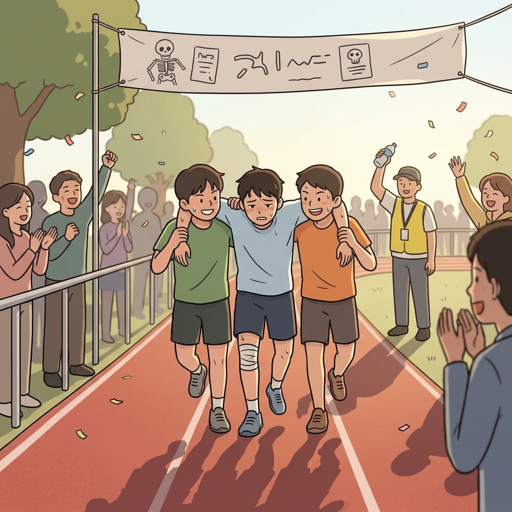 Two friends are supporting an injured runner as they cross the finish line together.
