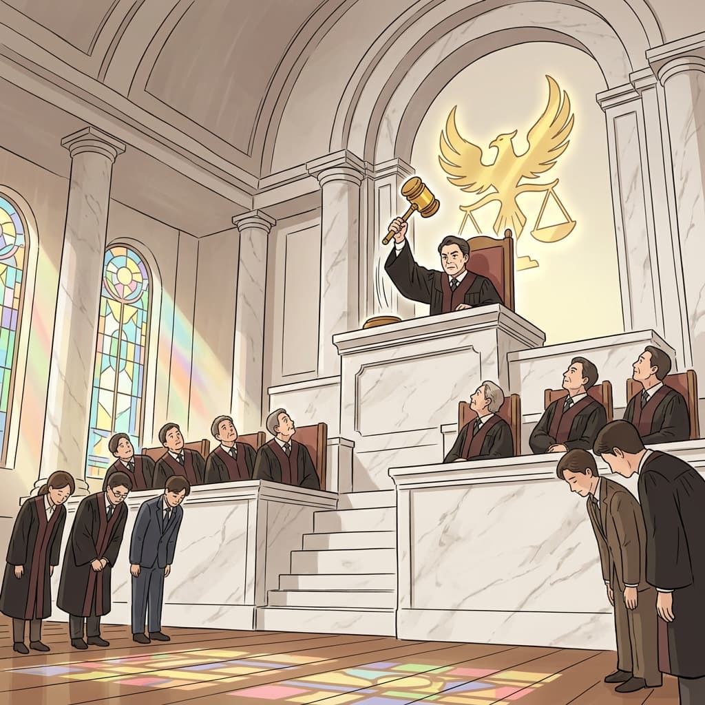 The supreme court justice delivers the final, unappealable verdict from the highest bench.