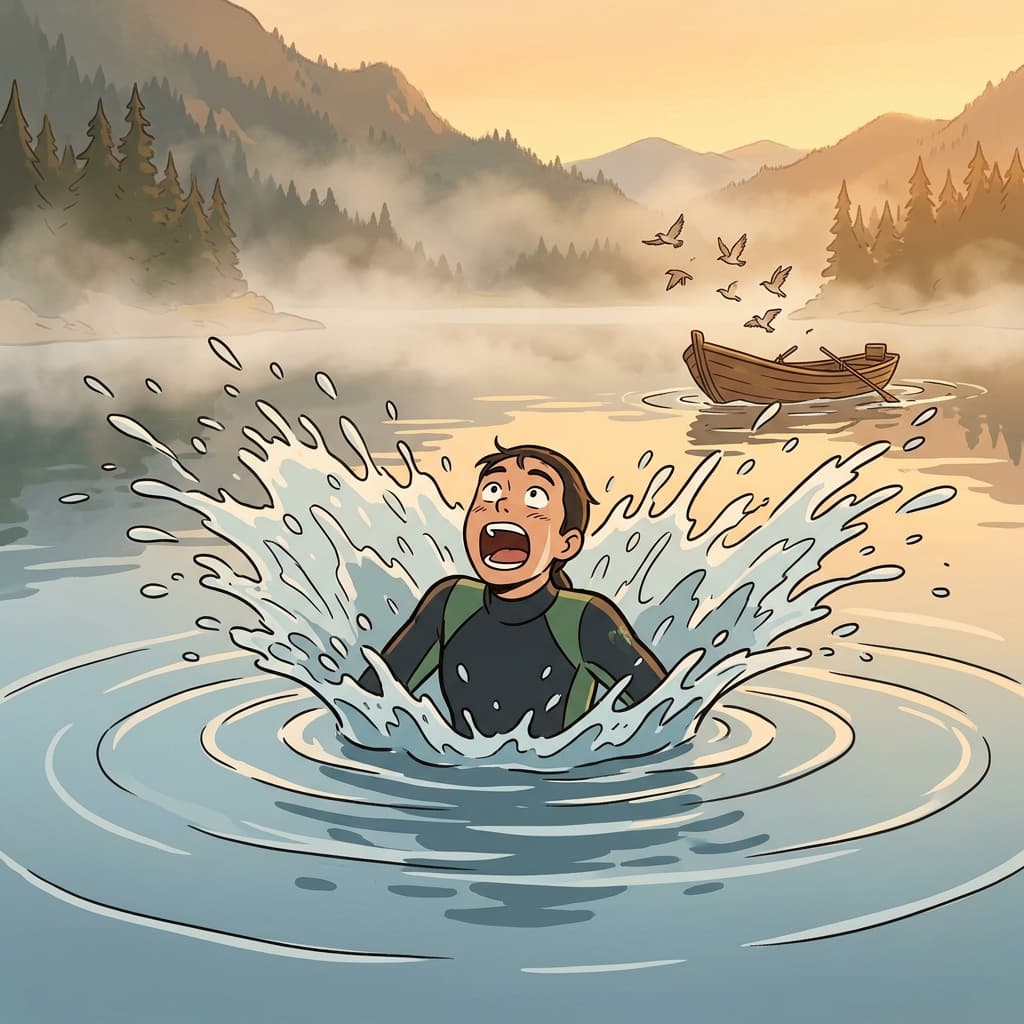 A diver breaks the surface of the lake, gasping for fresh air.