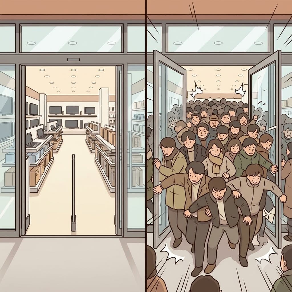 As the heavy glass doors finally opened, the waiting crowd began to violently surge into the empty store.