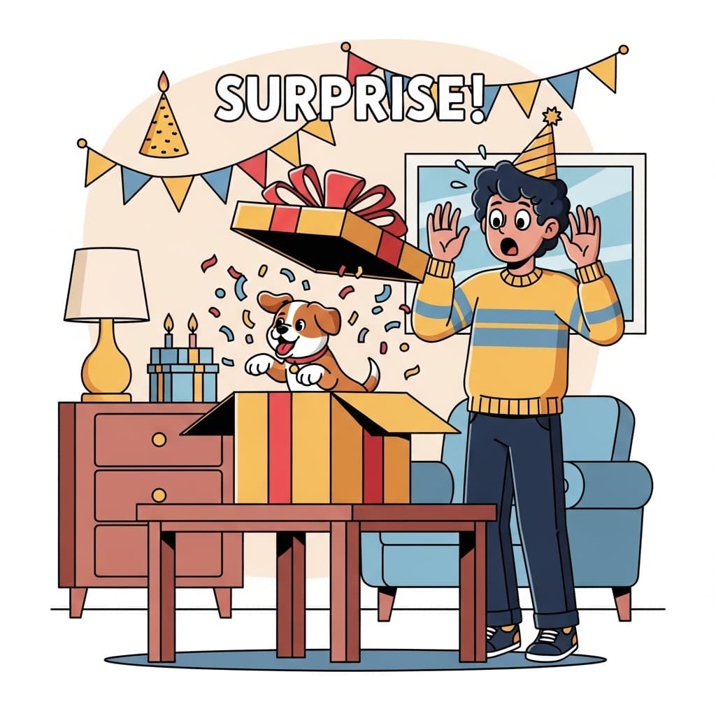 When she opened the box expecting a cake, a puppy suddenly jumped out and surprised her completely.