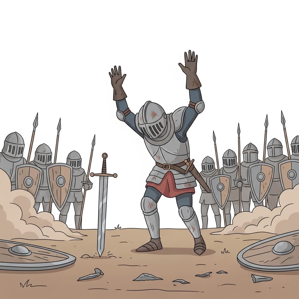 The defeated knight drops his sword and raises both hands, surrendering to the victorious army.